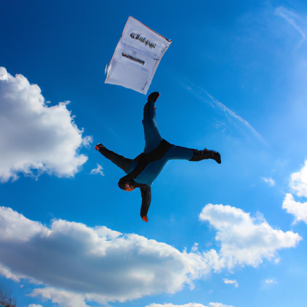 Person skydiving with financial documents