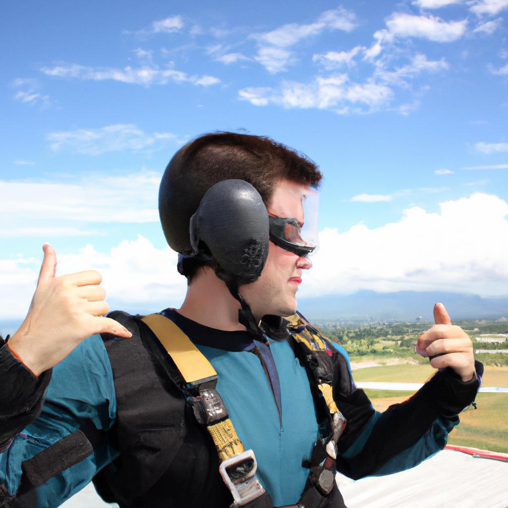 Person demonstrating skydiving safety measures